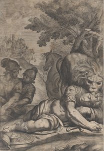 Un leone sopra un cavaliere caduto a destra, con altri due soldati a sinistra, 1640-70 da Giovanni Battista Bonacina