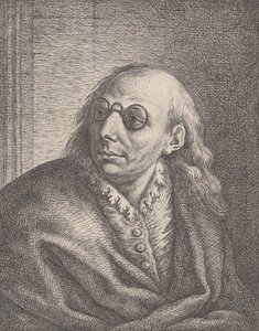 Ritratto di Luca Giordano, con occhiali rotondi e guardando a sinistra