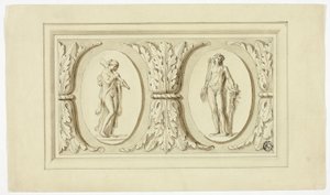 Due medaglioni con figure stanti di Omphale e Bacco, separati da un disegno di foglie d
