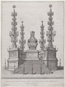 Catafalco per Papa Clemente X, struttura centrale in cima a una piattaforma di quindici gradini, 1676 da Giovanni Battista Falda
