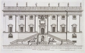 Vista della facciata di Palazzo Senatorio in Piazza del Campidoglio, Roma, iniziato da Michelangelo Buonarroti (1475-1564) e completato da Girolamo Rainaldi (1570-1655) da Giovanni Battista Falda