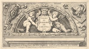 Frontespizio alla serie di stampe dopo Poloidoro, titolo su uno scudo sostenuto da due putti, 1658