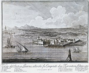 Veduta del porto di Livorno quando fu acquistato dai fiorentini nel 1421, incisione dalla Collezione delle migliori vedute della Città e del Porto di Livorno da Giovanni Battista Guerazzi