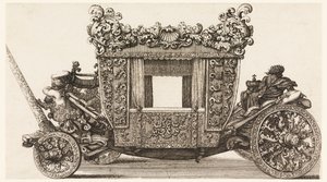 Vista laterale della prima carrozza (1686) di Lord Castelmaine costruita nel 1686 da Andrea Cornely dopo Ciro Ferri, 1687-1700 da Giovanni Battista Lenardi