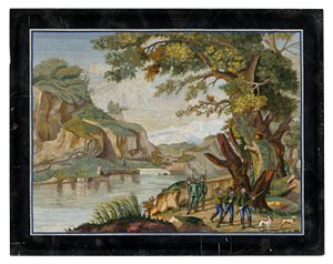 Un micromosaico italiano di una battuta di caccia in un paesaggio fluviale da Giovanni Battista Luchini