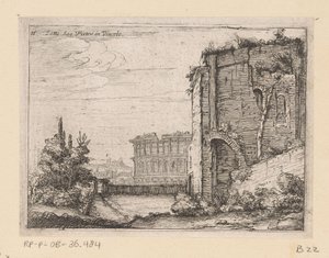 Rovine di un edificio antico e il Colosseo a Roma (serie di vedute di Roma) da Giovanni Battista Mercati