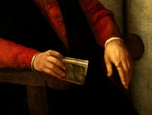 Presunto ritratto di Francois Rabelais (1494-1553), scrittore e medico francese. Dettaglio del libro che tiene in mano e del cavaliere che porta al dito. Dipinto di Giovanni Battista Moroni (1525-1578) da Giovanni Battista Moroni