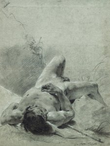 Un giovane nudo disteso sulla schiena, su una riva, sdraiato su uno standard