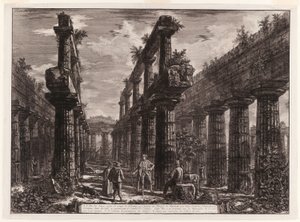 Vista dei resti delle due file di colonne nel Tempio di Nettuno che originariamente formavano i colonnati lungo i lati della cella e sostenevano la parte superiore del tetto, da Diverse vedute di Paestum da Giovanni Battista Piranesi