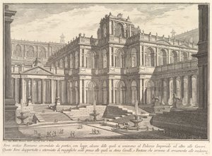 Antico foro romano circondato da portici, con logge, alcune delle quali comunicano con ..., ca. 1750