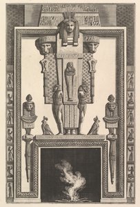 Camino in stile egiziano: Mummia sovrapposta a una grande cariatide sopra il linte..., 1769 da Giovanni Battista Piranesi