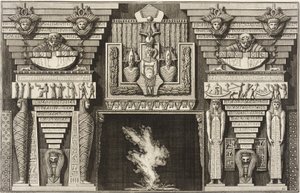 Camino in stile egizio: due mummie di profilo a sinistra e due figure che portano obelischi a destra. da Giovanni Battista Piranesi