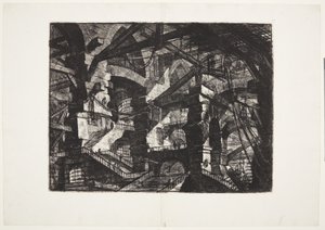 Gruppi complessi di archi in rovina interconnessi che sostengono travi e corde da Giovanni Battista Piranesi