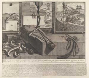 Pannello dimostrativo della tecnica per sollevare blocchi di travertino e marmo per la costruzione, 1756 da Giovanni Battista Piranesi
