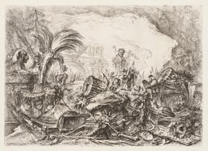Groteschi: Rovine con una statua di un fauno e una colonna caduta da Giovanni Battista Piranesi