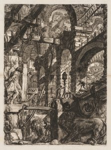 Le Prigioni: Una prospettiva di archi romani, con due leoni scolpiti in rilievo su lastre di pietra in primo piano da Giovanni Battista Piranesi