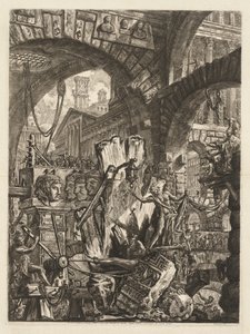 Le prigioni: un miscuglio architettonico, con un uomo sulla roccia in primo piano, 1745-50 da Giovanni Battista Piranesi