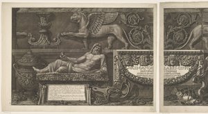 Frontespizio con sculture, rilievi scolpiti e un sarcofago con titolo Vasi, candelabri, cippi, sarcofagi, tripodi, lampade e ornamenti progettati e incisi da Giovanni Battista Piranesi (titolo della serie)