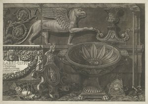 Frontespizio con sculture, rilievi scolpiti e un sarcofago con titolo (parte destra) da Giovanni Battista Piranesi