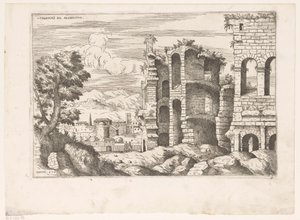 Vista sul Colosseo e dintorni a Roma (Colossaei ro prospectus, Praecipua aliquot Romanae Antiquitatis Ruinarum Monimenta) da Giovanni Battista Pittoni (I)