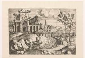 Paesaggio con rovine e architettura fantastica vicino a un corso d