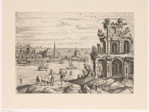 Veduta della città con rovine e architettura fantastica sull