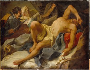 La morte del re Candaule (o Sadyatte o Myrsile, re di Lidia, VIII secolo a.C.). Assassinato da Gige, suo confidente e rivale, che lo pugnala e sposa sua moglie la regina Tudo. Dipinto di Giambattista (Giovan Battista) da Giovanni Battista Pittoni