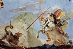 Bellerofonte, cavalcando Pegaso, uccide la Chimera (dettaglio del soffitto)