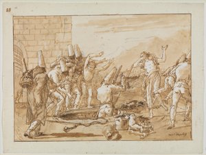 Punchinello che recupera uccelli morti da un pozzo, c.1800