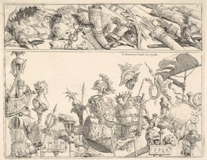 Armi romane, stendardi e trofei, una composizione divisa in due bande orizzontali, 1774 da Giovanni Battista Tiepolo