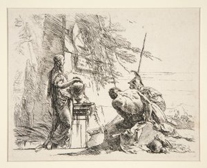 Donna in Piedi e Uomo Seduto Davanti a un Obelisco, dalla serie Vari Capricci da Giovanni Battista Tiepolo