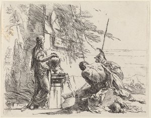 Donna in piedi e uomini seduti davanti a un obelisco da Giovanni Battista Tiepolo