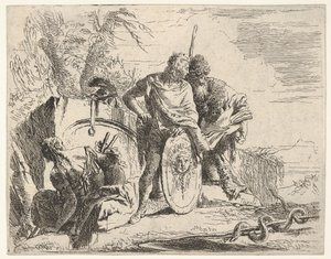 Tre figure e un serpente avvolto attorno a un bastone, circondati da un paesaggio, il ce..., XVIII secolo