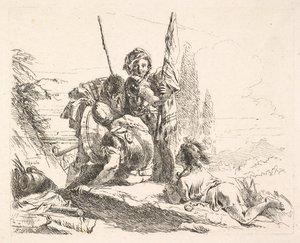 Tre soldati e un giovane sdraiato su un paesaggio da Giovanni Battista Tiepolo
