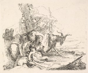 Donna e satiro infante in un paesaggio, la donna si gira a guardare sopra la spalla sinistra da Giovanni Battista Tiepolo
