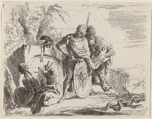 Giovane soldato con filosofo e donna seduta