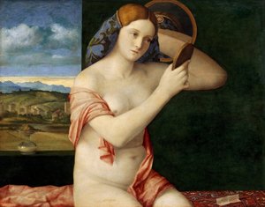 Giovane donna nuda davanti a uno specchio