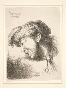 Un uomo senza barba, visto di profilo e girato a destra. La sua bocca è aperta come se stesse per gridare, dalla serie Les petites tetes da Giovanni Benedetto Castiglione