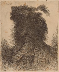 Uomo Barbuto con Viso in Ombra, Indossa una Sciarpa e un Cappello con Piuma da Giovanni Benedetto Castiglione