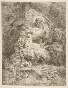Dio Padre osserva la Vergine e il Bambino, angeli a destra da Giovanni Benedetto Castiglione