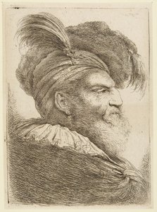 Testa di uomo barbuto con cappello piumato da Giovanni Benedetto Castiglione