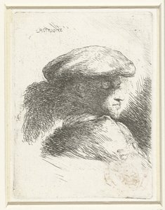 Testa di un giovane con un cappello piumato (serie di piccoli studi di teste con copricapi orientali) da Giovanni Benedetto Castiglione