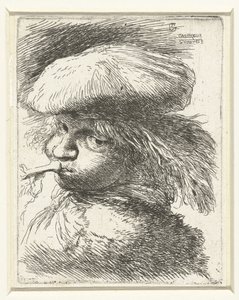 Testa di un ragazzo che suona una tromba (Kleine studie van hoofden met oosterse hoofddeksels serie) da Giovanni Benedetto Castiglione