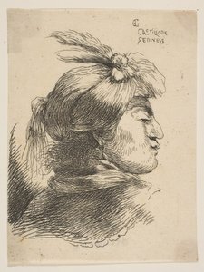 Uomo con un piccolo turbante ornato di piume e nastro, rivolto a destra da Giovanni Benedetto Castiglione