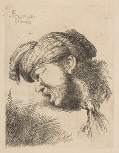 Uomo con turbante, una cravatta legata intorno al collo, rivolto a sinistra, dalla serie ..., ca. 1645-50 da Giovanni Benedetto Castiglione
