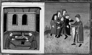 Decameron, Giovanni del Bragoniera e Biagio Pizzini rubano la reliquia a frate Ciboule; il frate segna i vestiti dei paesani con i carboni. Sesto giorno, notizia 10 da Giovanni Boccaccio