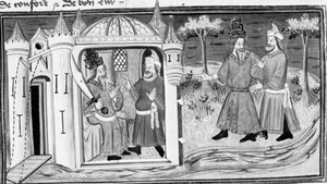 Decameron, Melchisedek racconta a Saladino la parabola dei tre anelli; i due uomini diventano amici. Prima giornata, racconto 3. da Giovanni Boccaccio