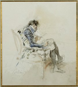 Gentiluomo seduto in poltrona che legge un libro e fuma una pipa