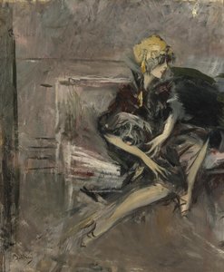 Signora con cappello giallo e il suo cane Marchesa Casati da Giovanni Boldini