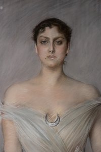 Ritratto di una signora in bianco con guanti e ventaglio (dettaglio)